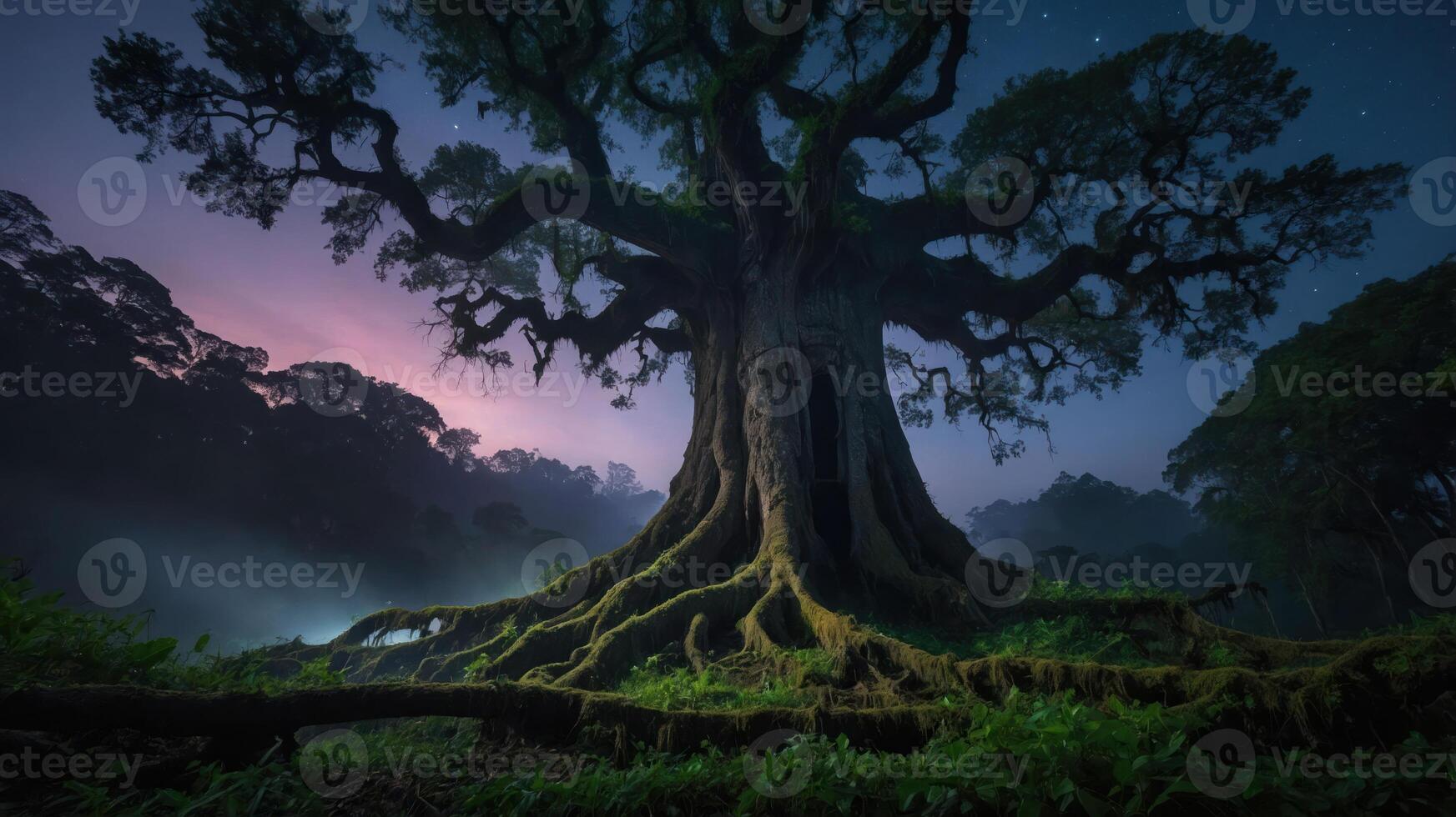 A majestic tree with sprawling roots under a twilight sky, surrounded by misty forests. photo