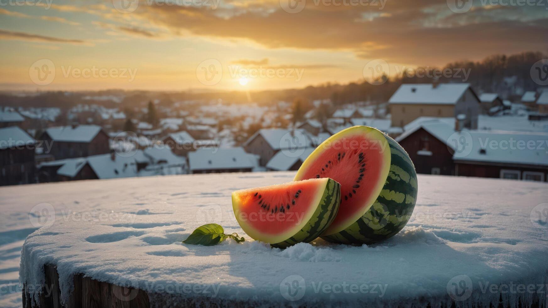 A watermelon sits on a snowy table with a sunset backdrop over a village. photo