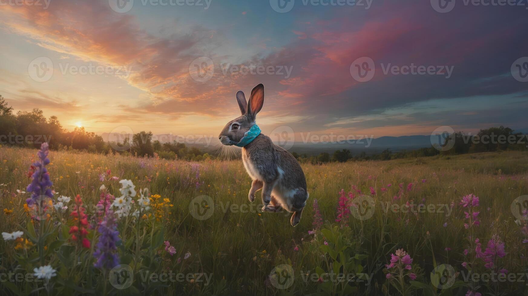 A rabbit jumps through a colorful flower field at sunset, showcasing nature's beauty. photo