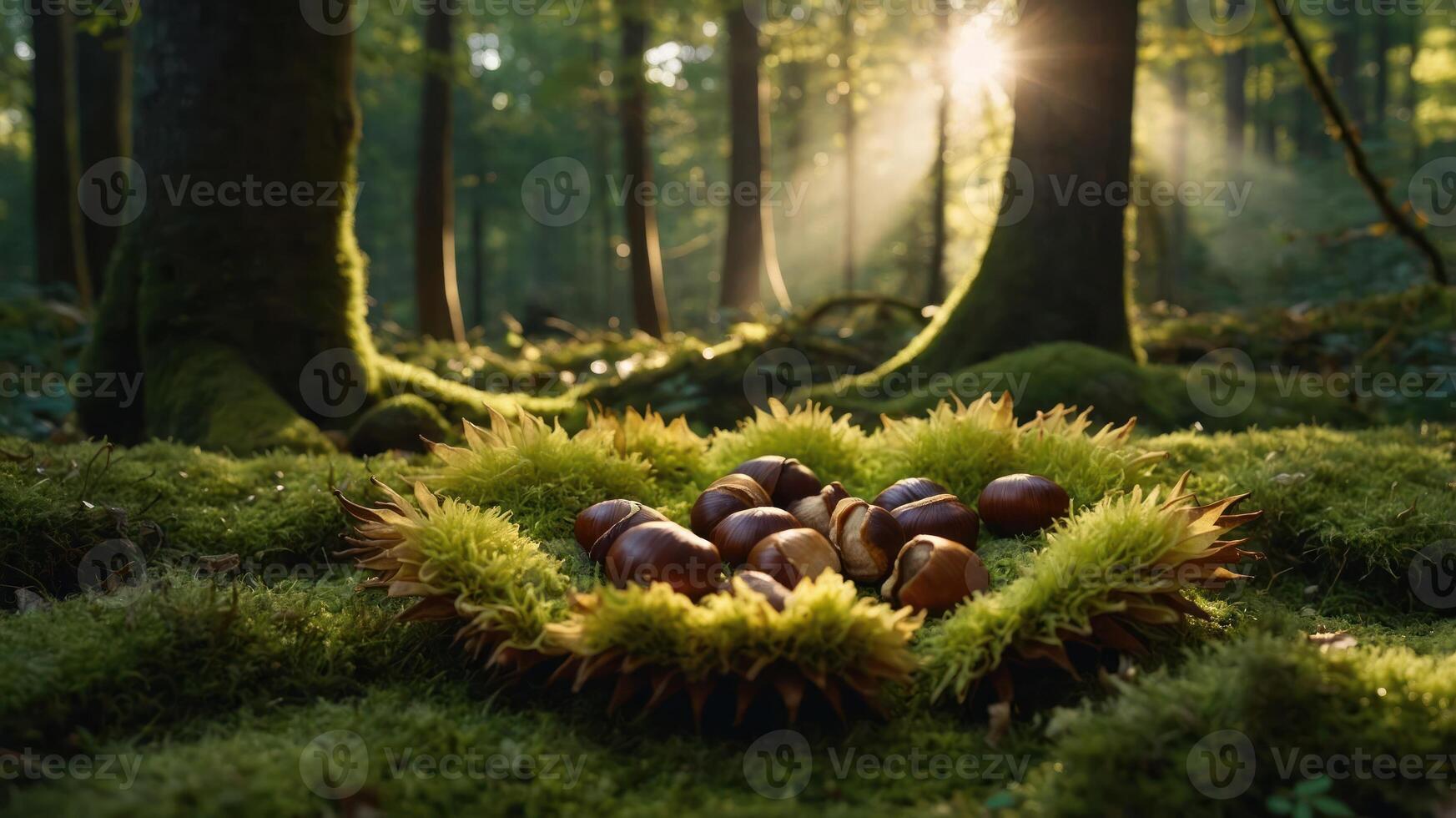 A serene forest scene featuring chestnuts nestled in moss, illuminated by soft sunlight. photo