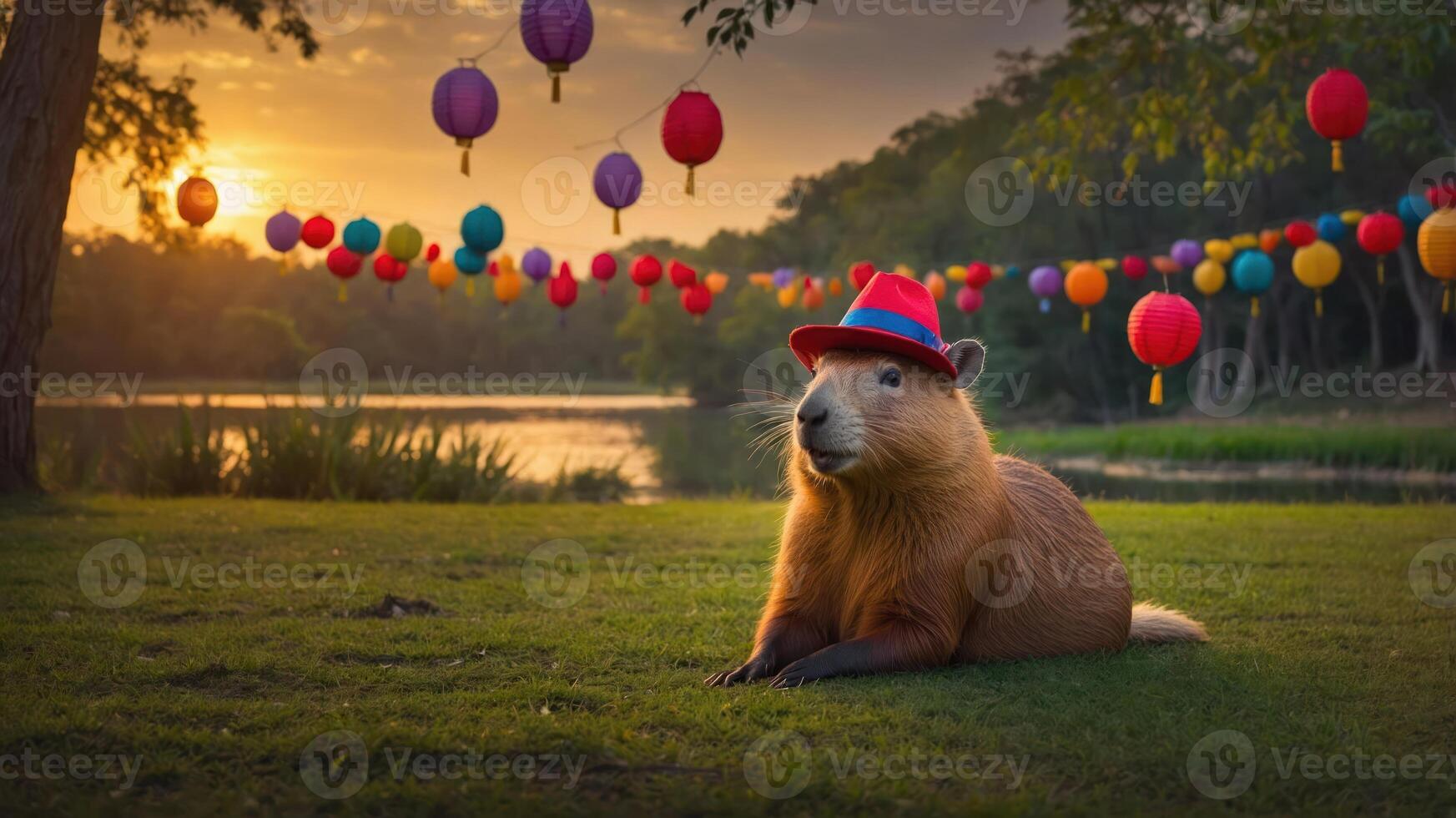 A capybara wearing a hat relaxes by a lake, surrounded by colorful lanterns at sunset. photo