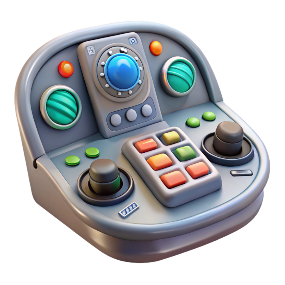 exceptional surreal Stylized spaceship cockpit control panel with illuminated buttons. NO BACKGROUND with Transparent Background. detailed png