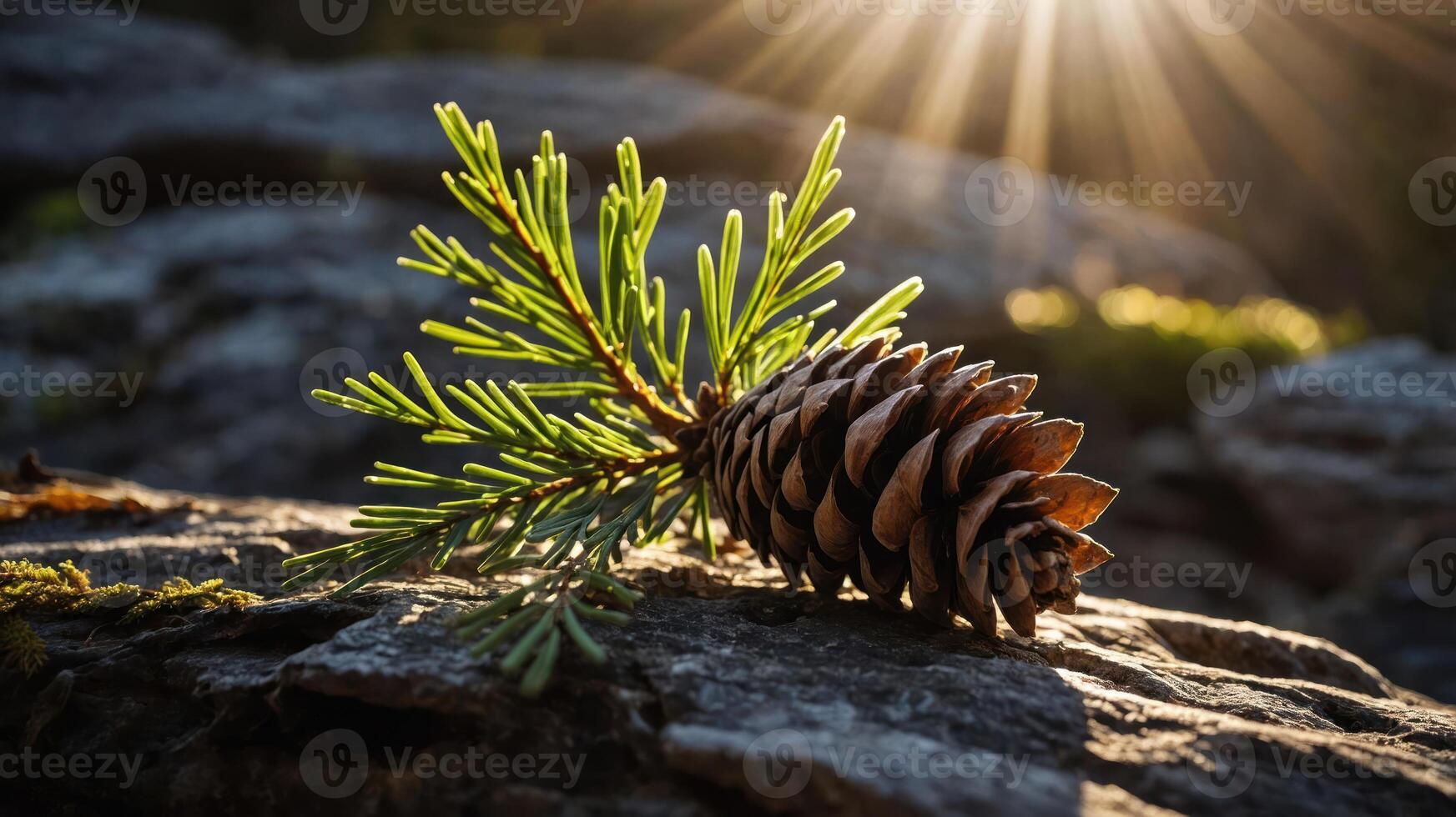 A pine cone rests on a rock, illuminated by soft sunlight filtering through trees. photo