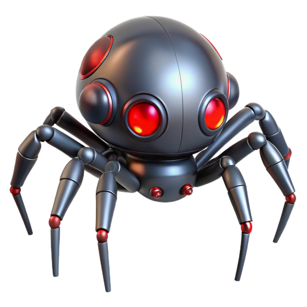 exceptional creative A robotic spider with glowing red eyes. NO BACKGROUND with Transparent Background. handcrafted png