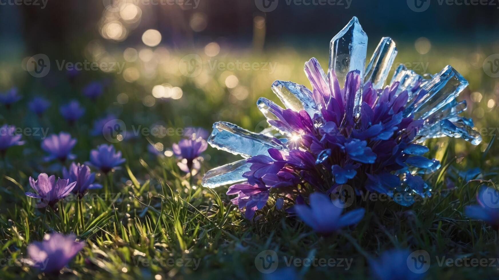 A cluster of crystal formations among vibrant purple flowers in a grassy setting. photo