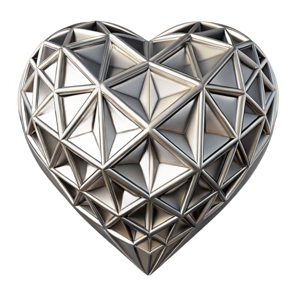 energetic dazzling A metallic, geometric heart shape with intricate engravings. NO BACKGROUND with Transparent Background. professional png