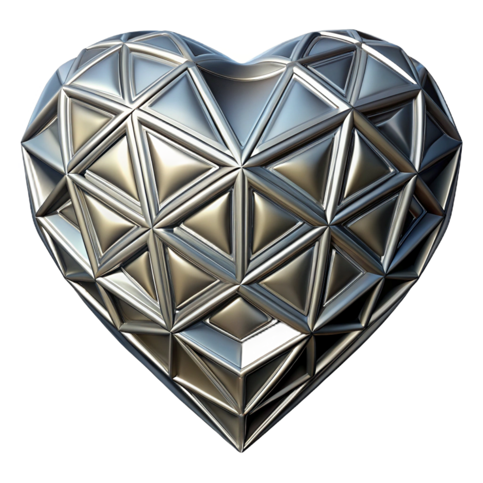 impressive reflective traditional A metallic, geometric heart shape with intricate engravings. NO BACKGROUND with Transparent Background. museum quality png