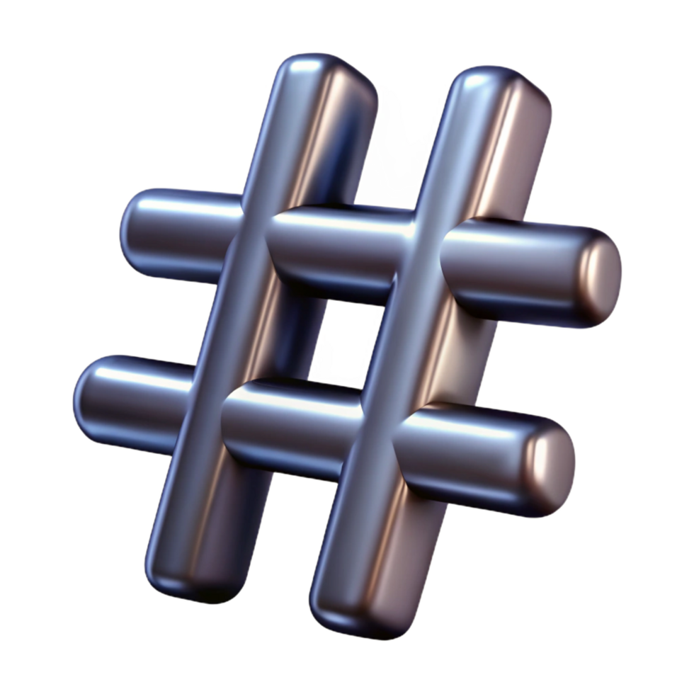 exquisite retro A single, stylized hashtag symbol with a metallic sheen. NO BACKGROUND with Transparent Background. genuine png
