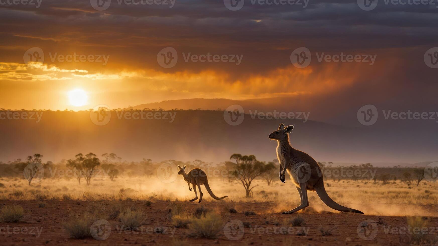 Two kangaroos hopping in a dusty landscape during a vibrant sunset. photo