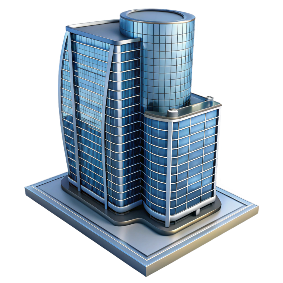 exemplary surreal Modern skyscraper, glass and steel, detailed architectural rendering. NO BACKGROUND with Transparent Background. flawless png