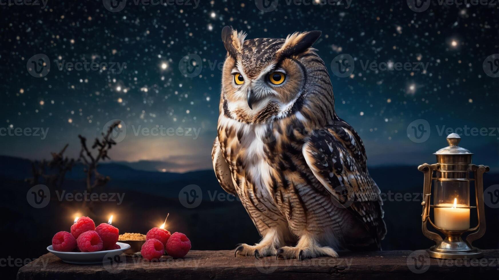 A majestic owl perched near candles and raspberries under a starry night sky. photo