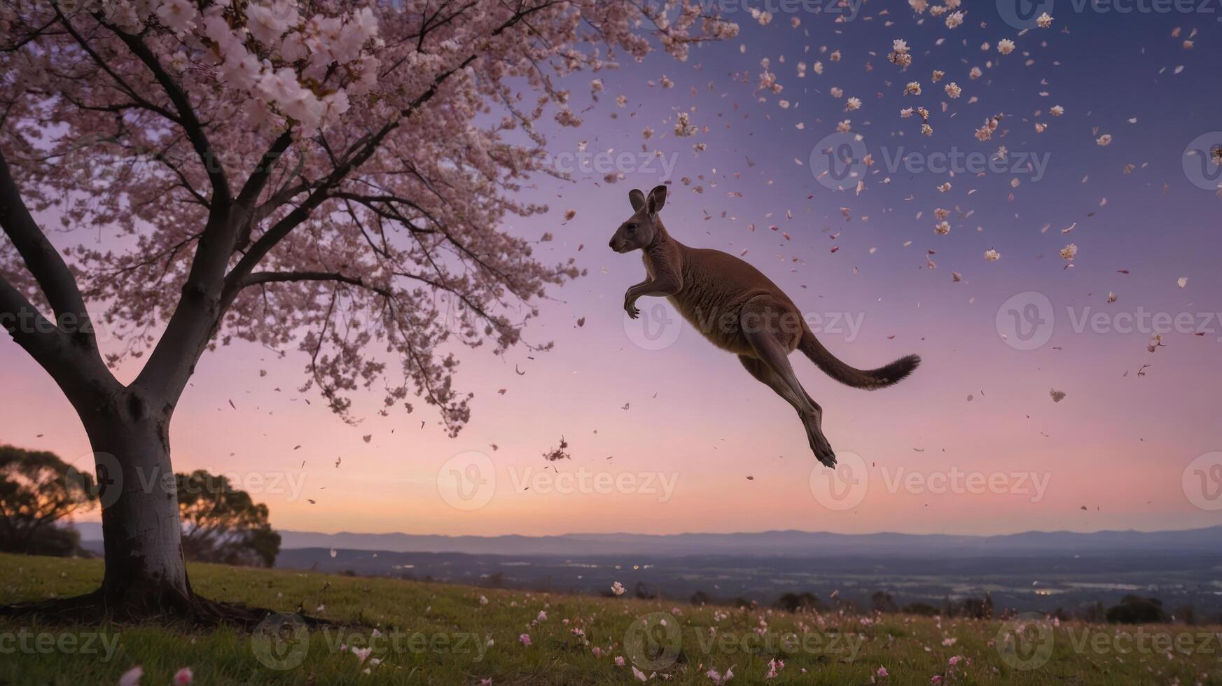 A kangaroo leaps amidst cherry blossoms at sunset, capturing a serene moment in nature. photo