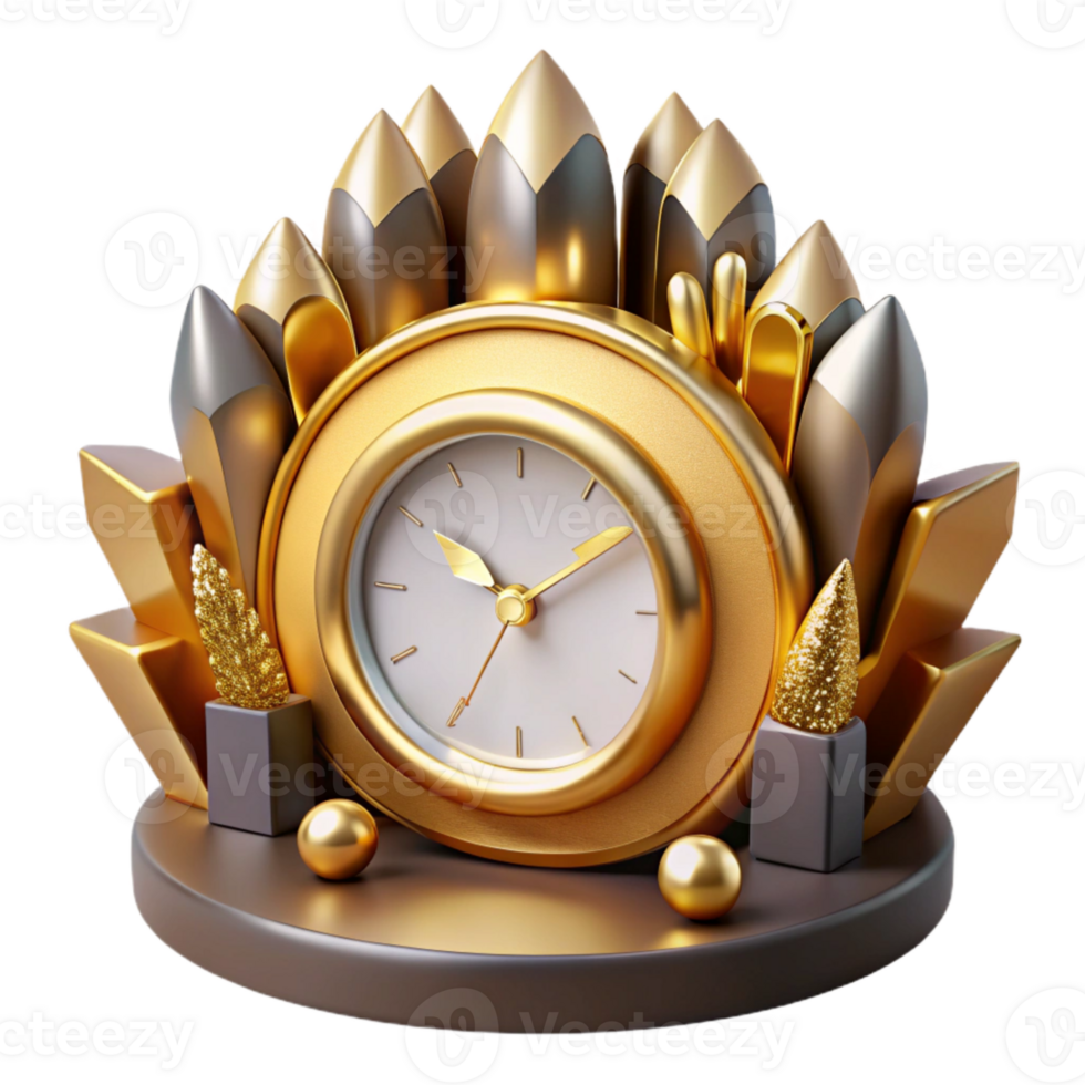 beautiful rustic Art Deco Clock Gold Isolated on Transparent Background original png