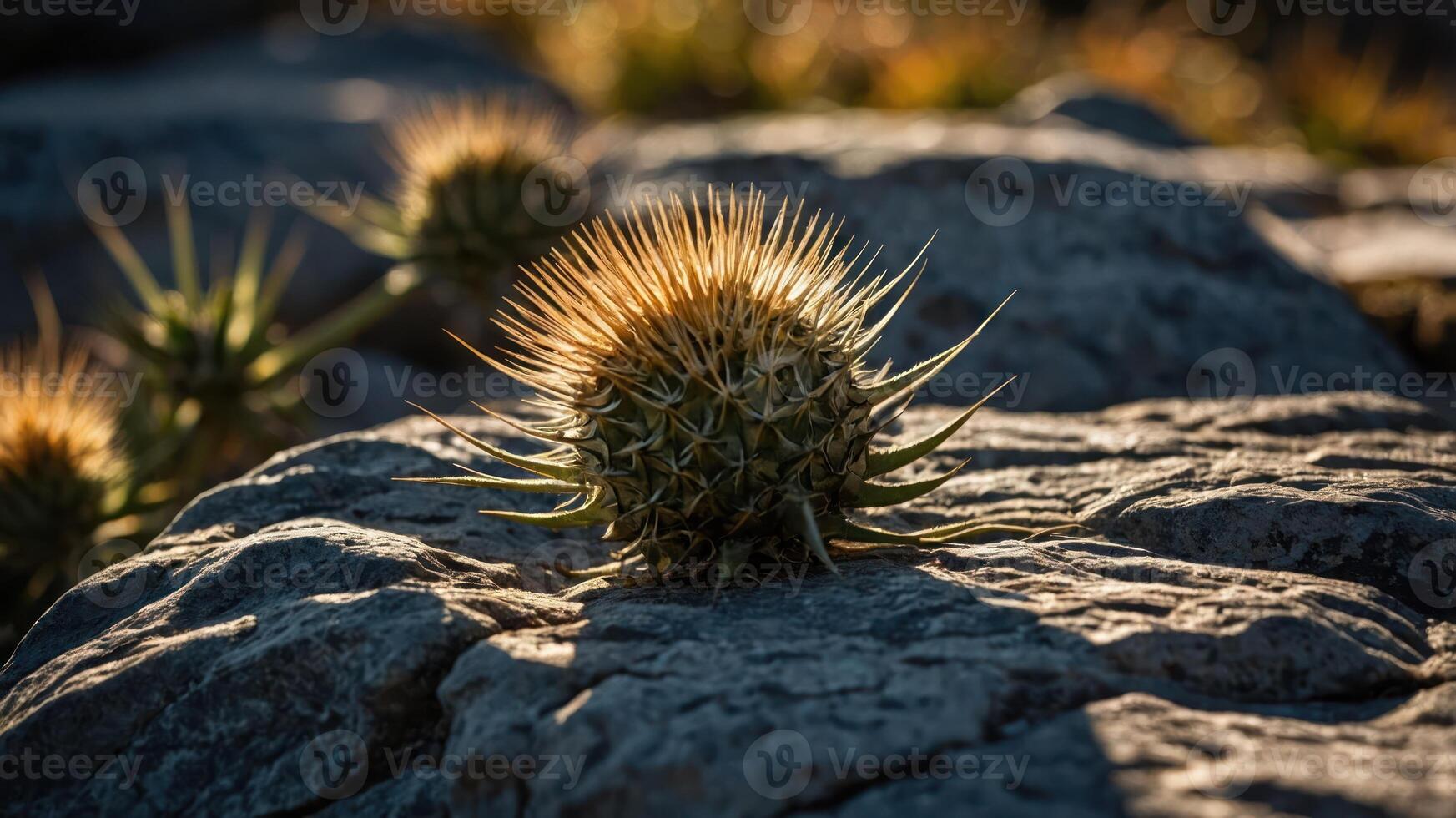 A spiky plant rests on rocky terrain, illuminated by sunlight. photo