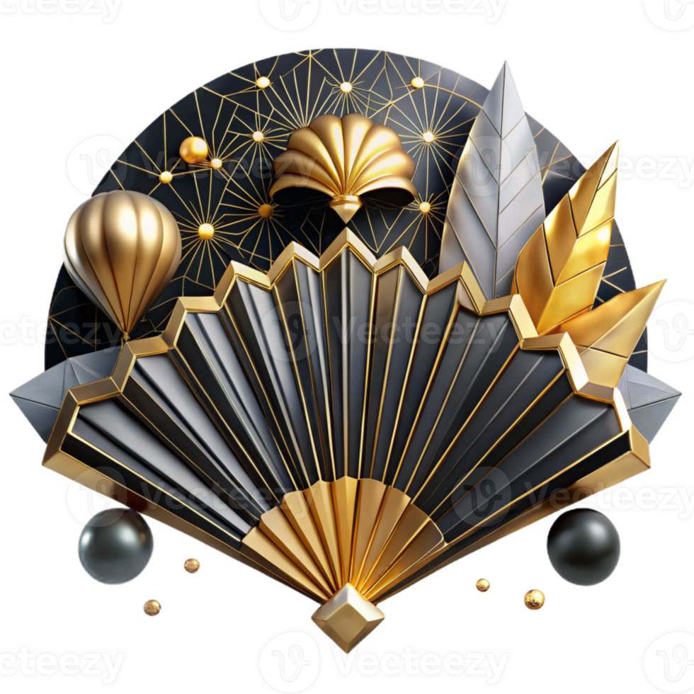 impressive traditional Art Deco Fan Gold and Black Transparent Background png