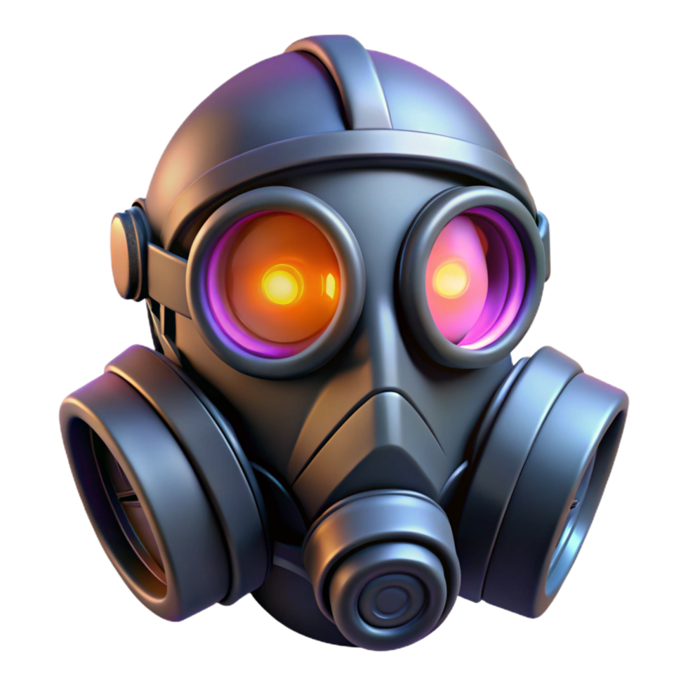 dramatic stunning Cyberpunk gas mask with glowing filters, NO BACKGROUND with Transparent Background. professional png