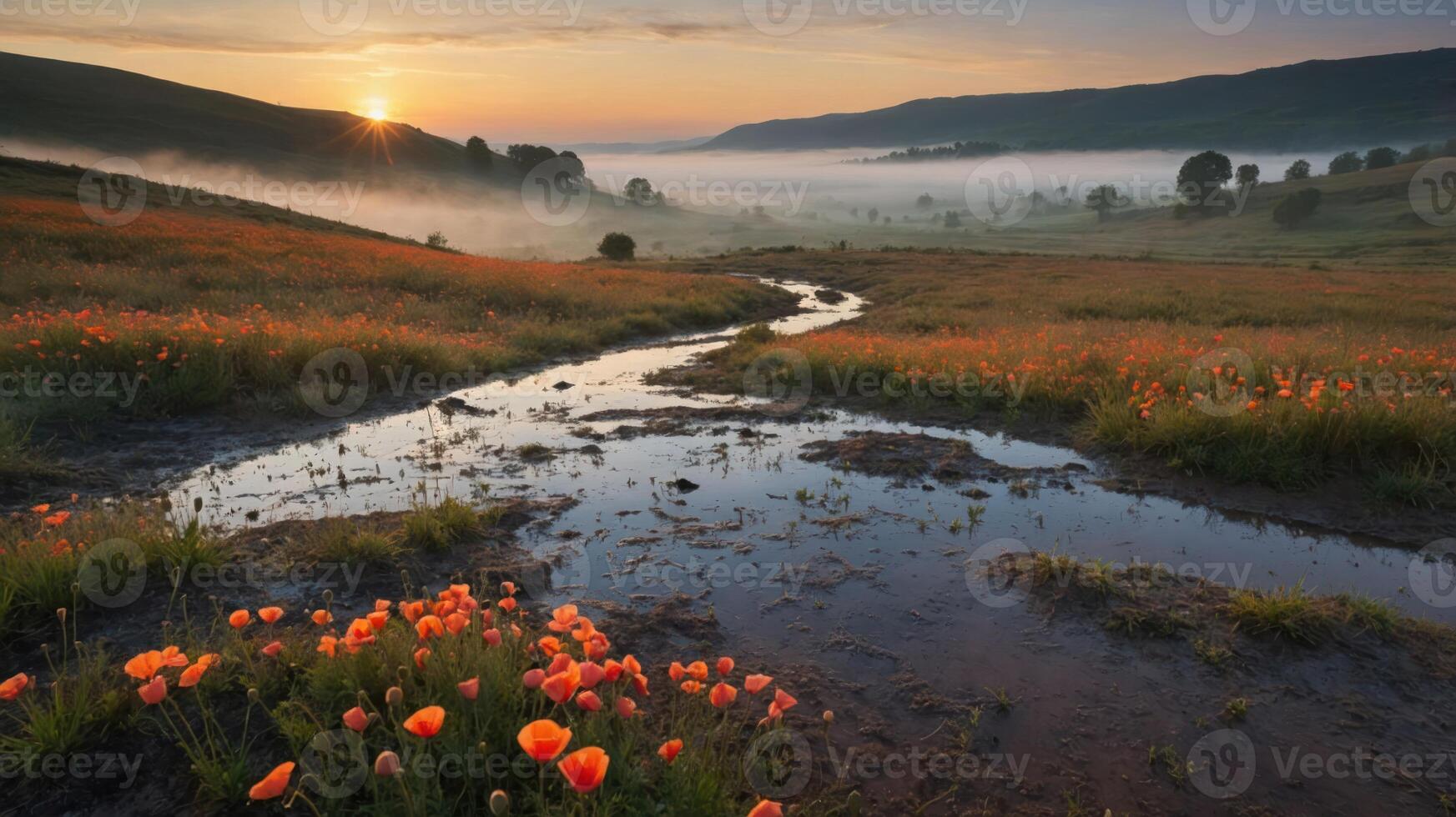 A serene landscape at sunrise with flowers and a winding stream. photo