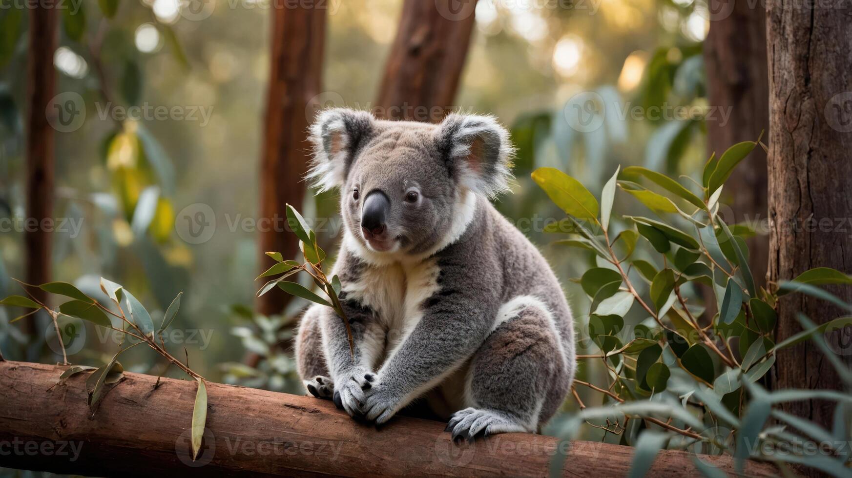 A koala perched on a tree branch among green eucalyptus leaves in a natural setting. photo