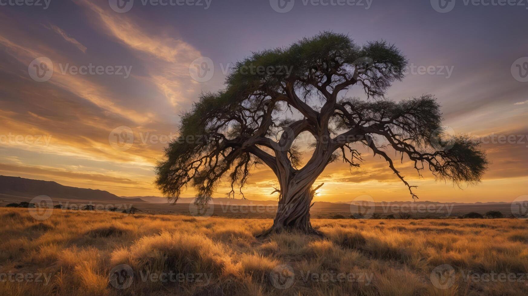 Majestic tree silhouetted against a vibrant sunset in a serene landscape. photo