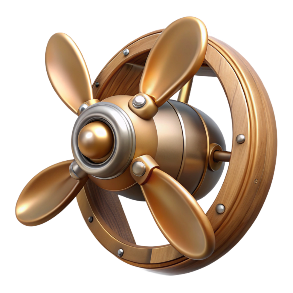 energetic extraordinary Steampunk airship propeller made of polished wood and copper. NO BACKGROUND with Transparent Background. museum quality png