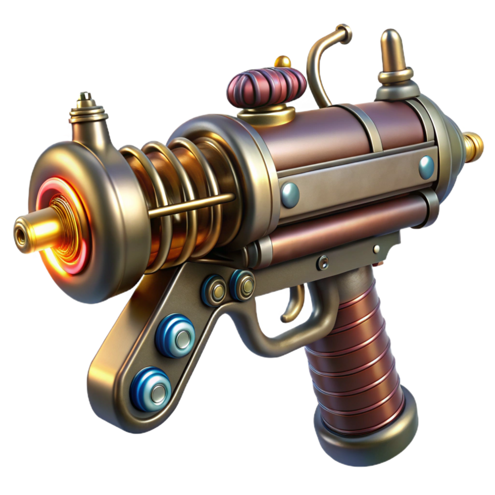exceptional baroque Steampunk ray gun with glowing vacuum tubes and copper wiring. NO BACKGROUND with Transparent Background. studio quality png