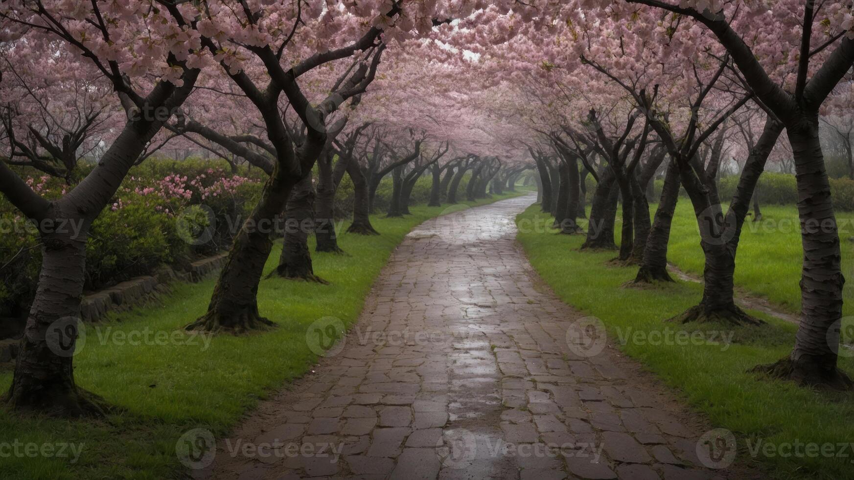 A serene pathway lined with blooming cherry blossom trees in a tranquil setting. photo