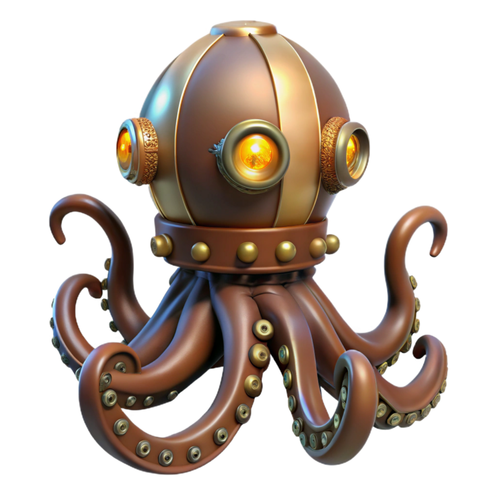 energetic beautiful Steampunk octopus automaton with moving tentacles and glowing eyes. NO BACKGROUND with Transparent Background. top-tier png