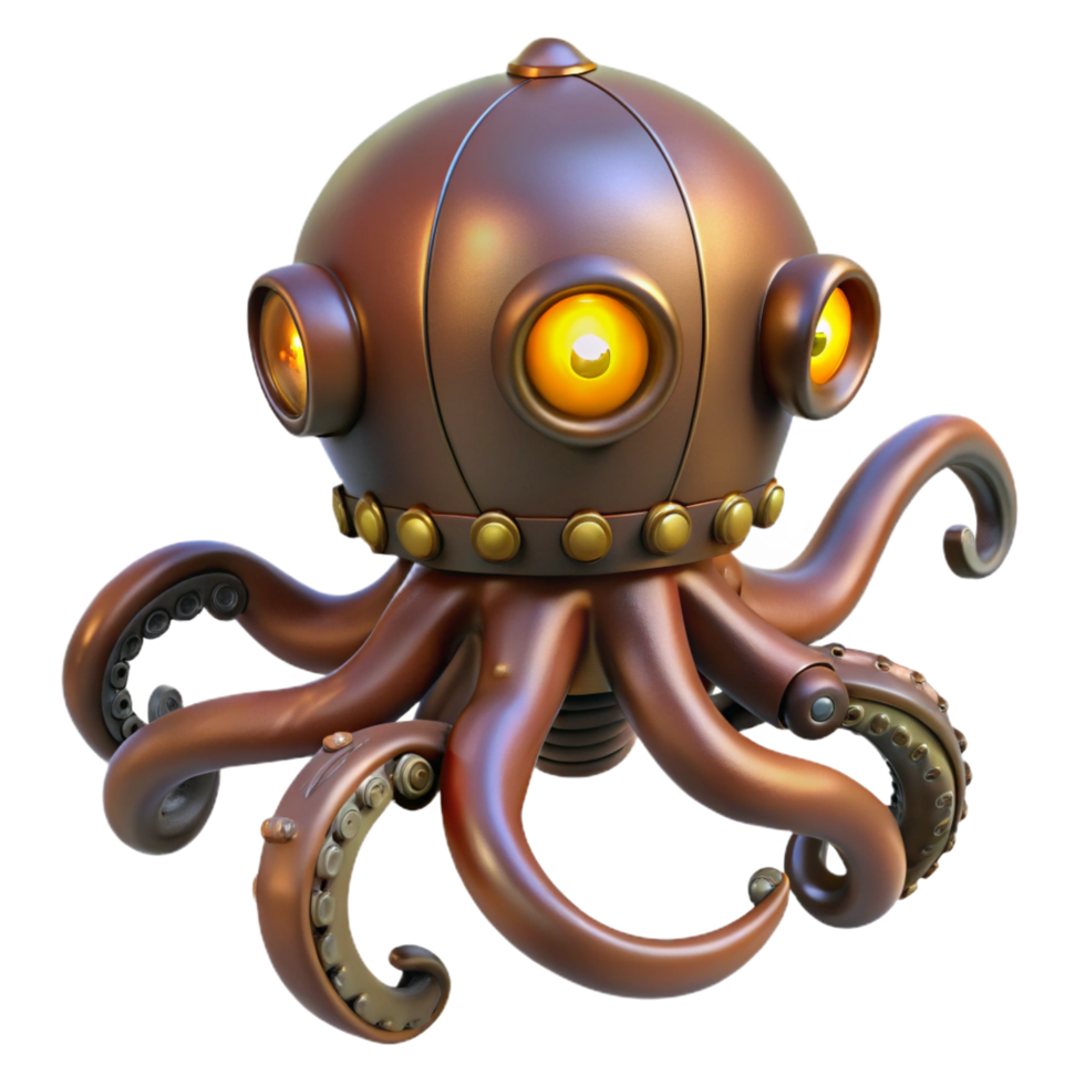 iconic tropical Steampunk octopus automaton with moving tentacles and glowing eyes. NO BACKGROUND with Transparent Background. top-tier png