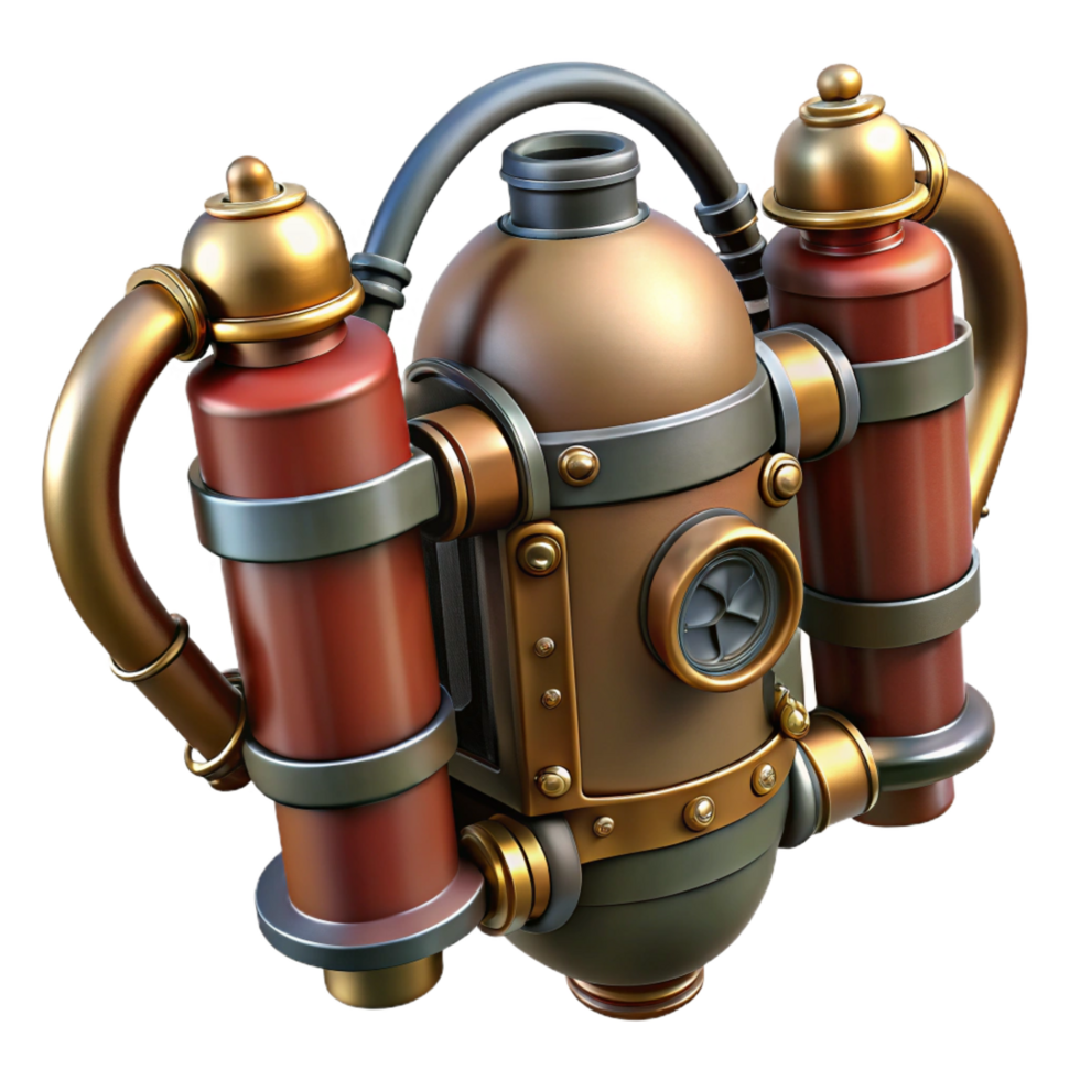 glorious quintessential Steampunk jetpack with miniature steam engines and brass nozzles. NO BACKGROUND with Transparent Background. png