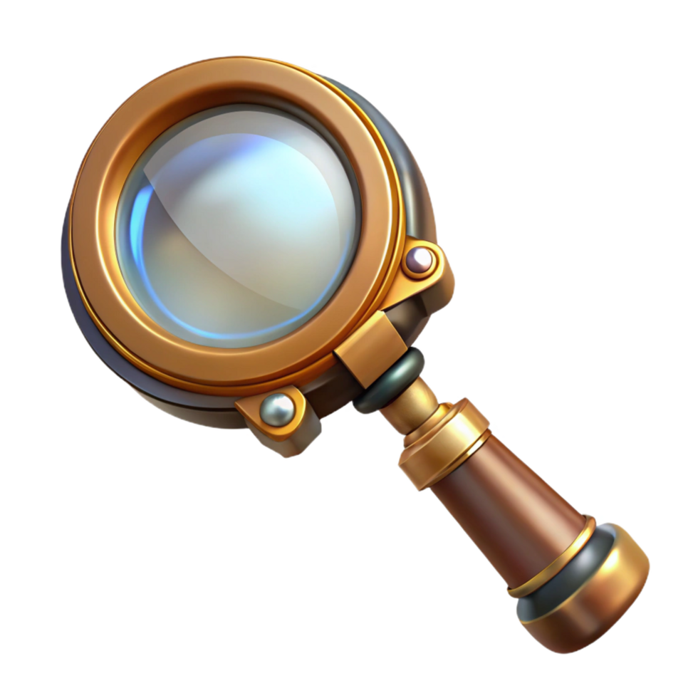 exemplary victorian Steampunk magnifying glass with a brass handle and a large lens. NO BACKGROUND with Transparent Background. perfect clarity png