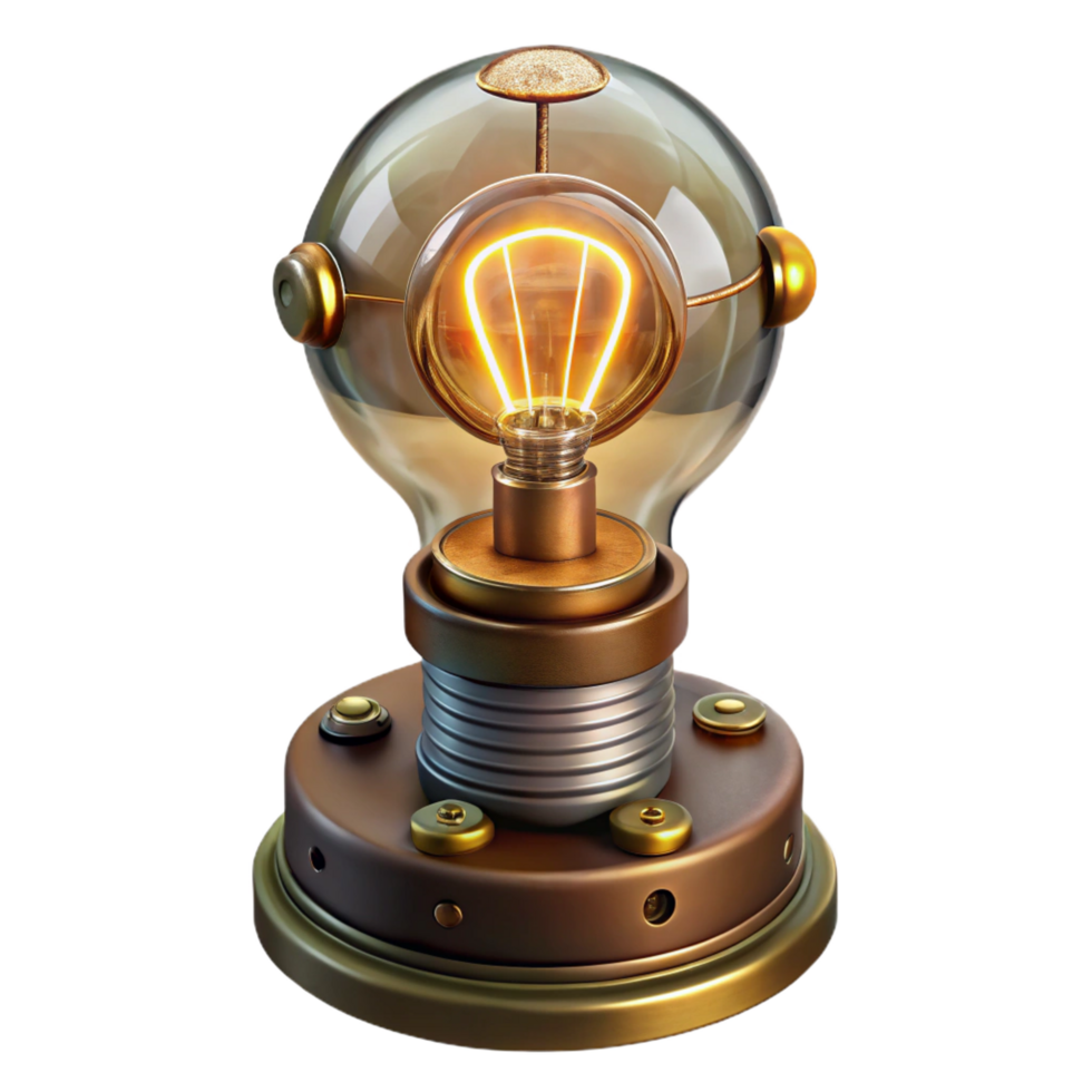harmonious exquisite Steampunk lightbulb with glowing filaments and a brass base. NO BACKGROUND with Transparent Background. flawless png