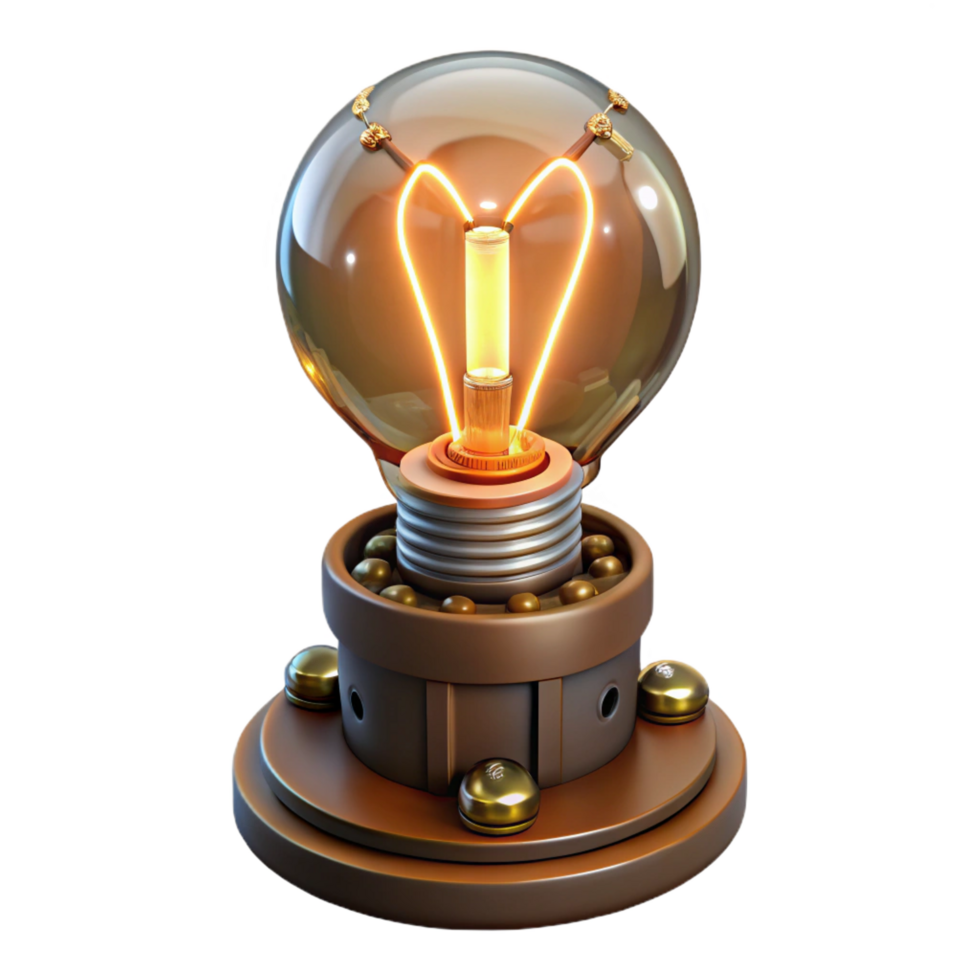 glorious joyful gothic Steampunk lightbulb with glowing filaments and a brass base. NO BACKGROUND with Transparent Background. original png