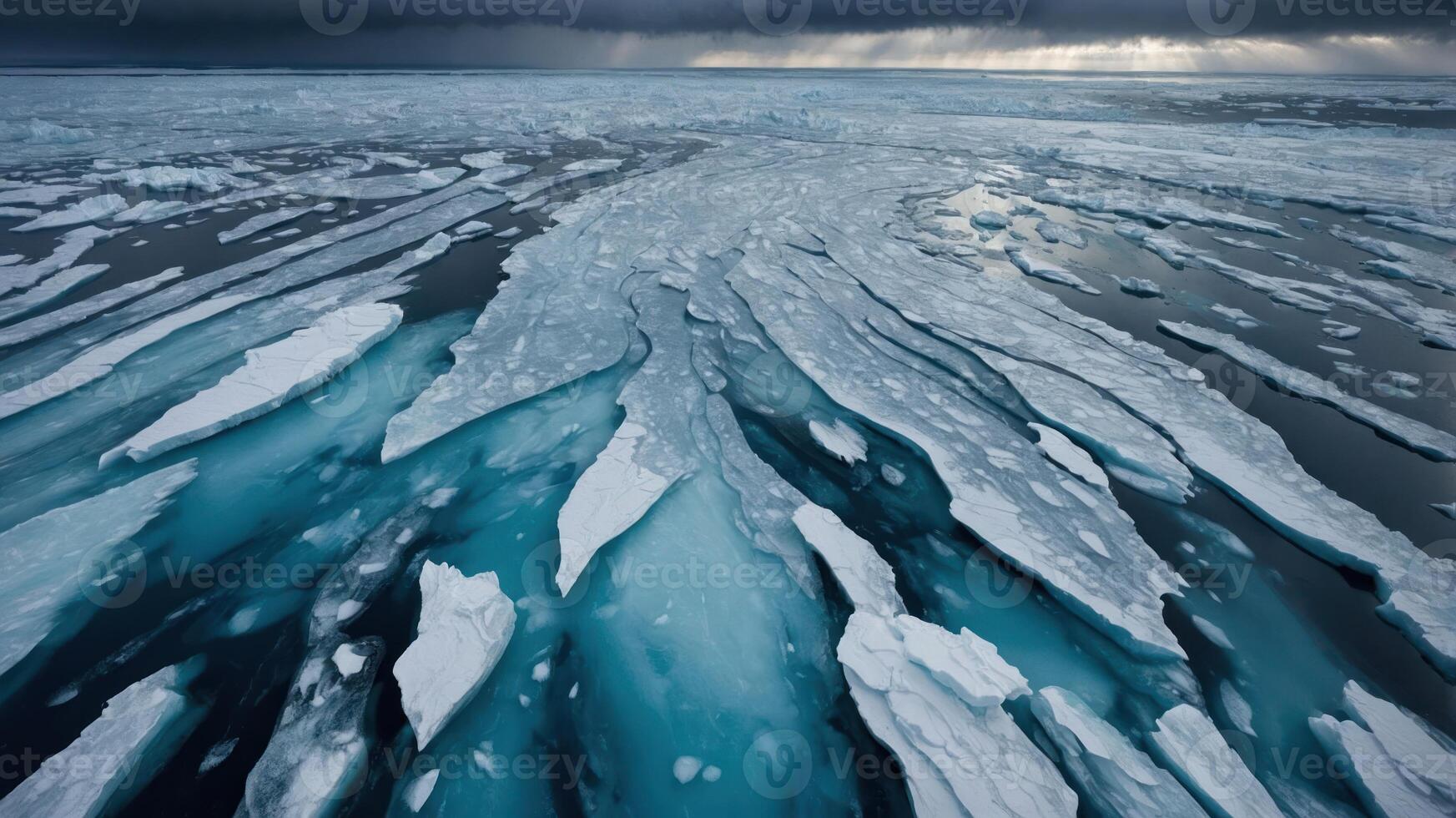 Aerial view of fragmented ice in a cold, remote ocean landscape. photo