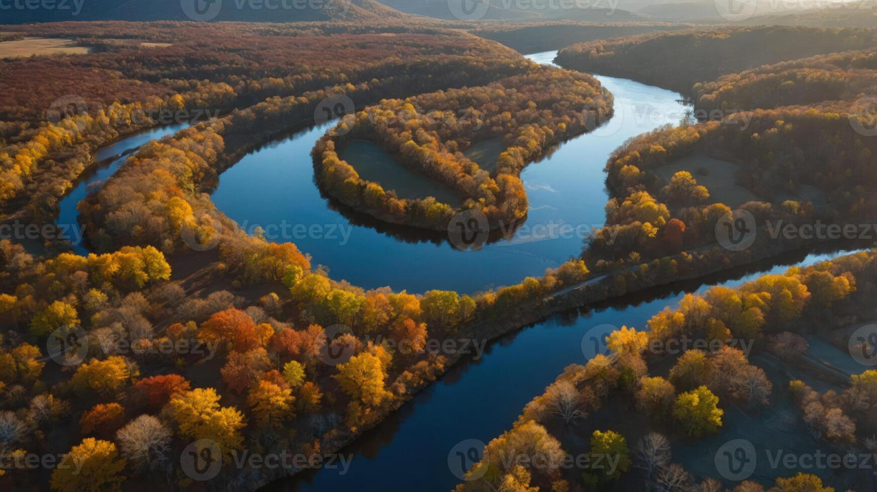 Aerial view of a winding river surrounded by vibrant autumn foliage. photo