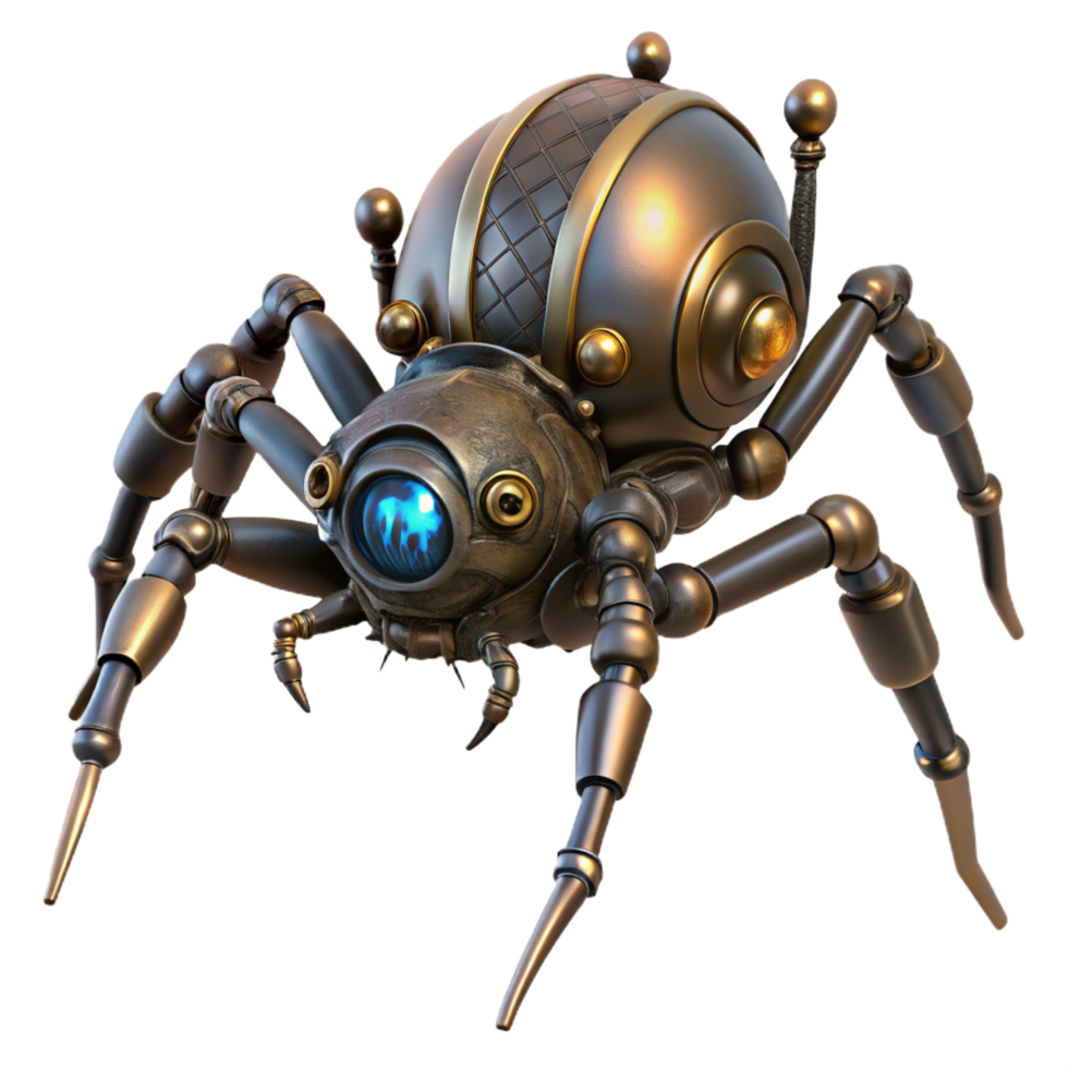 glorious remarkable Steampunk clockwork spider with moving legs and glowing eyes. NO BACKGROUND with Transparent Background. png