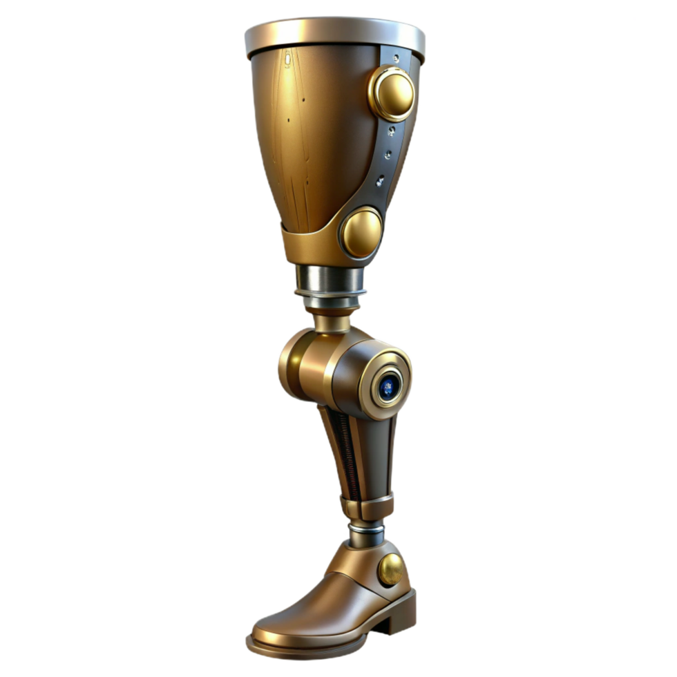 exemplary art deco Steampunk prosthetic leg with articulated joints and metal plating. NO BACKGROUND with Transparent Background. professional png