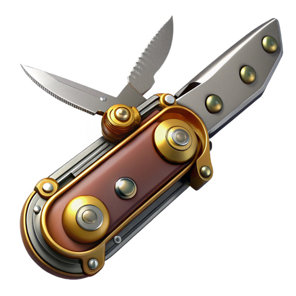 exemplary industrial Steampunk pocket knife with multiple blades and a brass handle. NO BACKGROUND with Transparent Background. artisan png