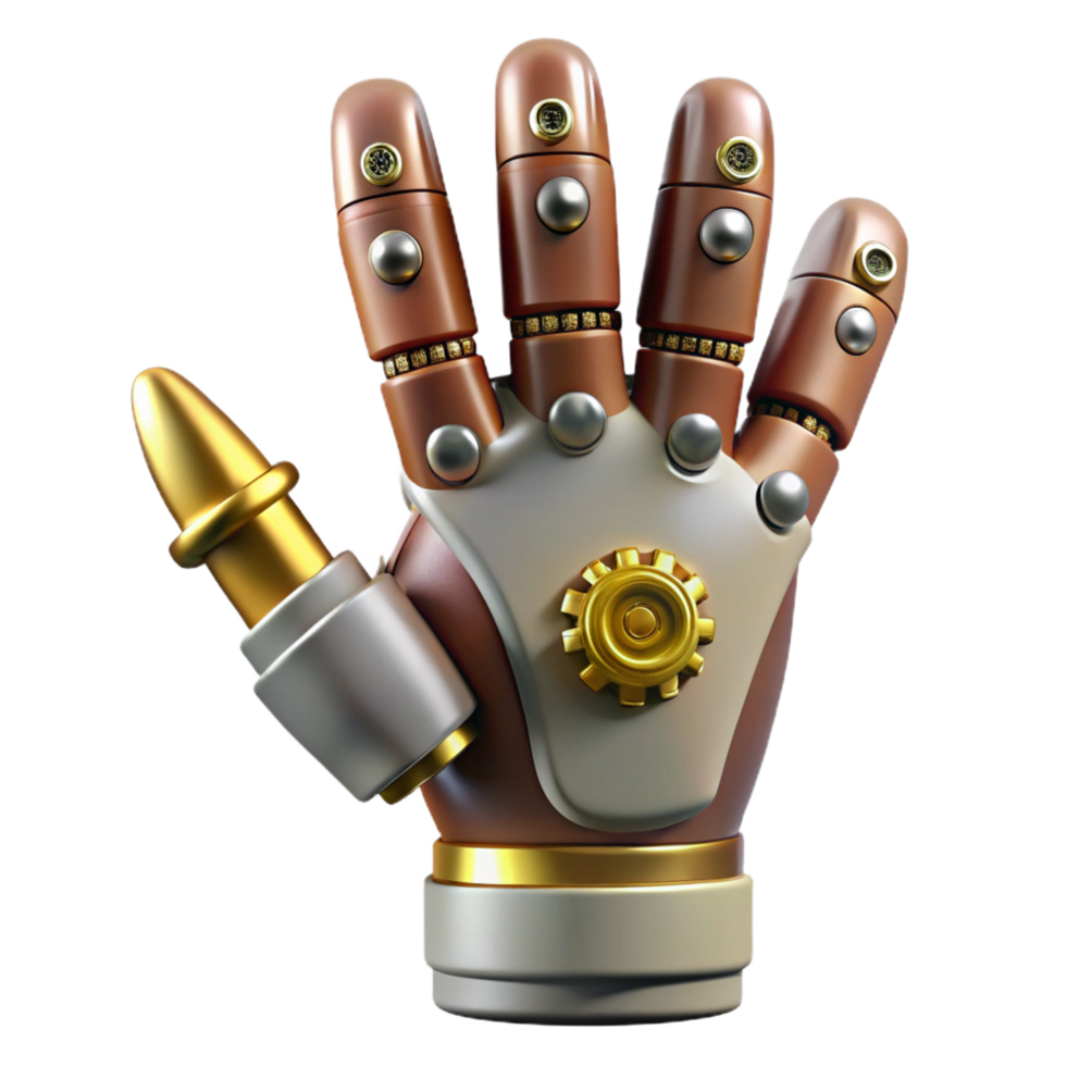extraordinary coastal Steampunk robot hand with articulated fingers and exposed gears. NO BACKGROUND with Transparent Background. flawless png