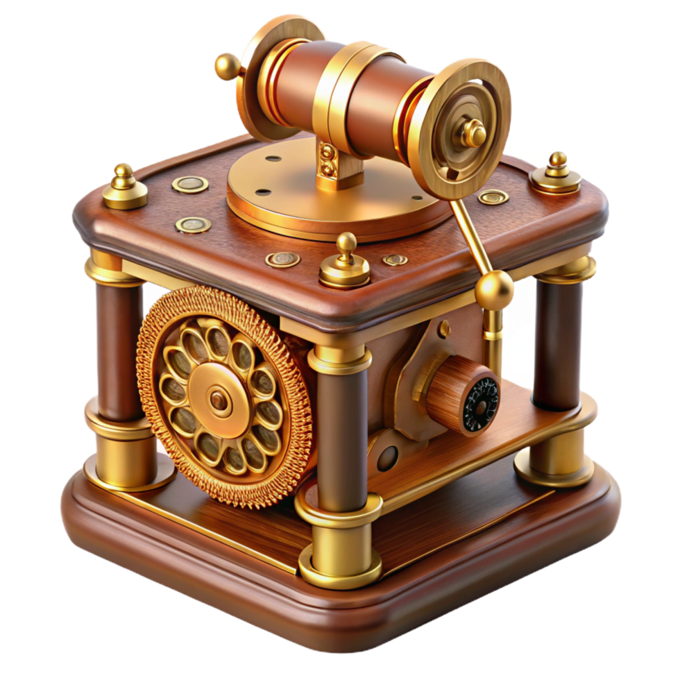 ethereal radiant Steampunk music box with intricate carvings and a rotating cylinder. NO BACKGROUND with Transparent Background. museum quality png