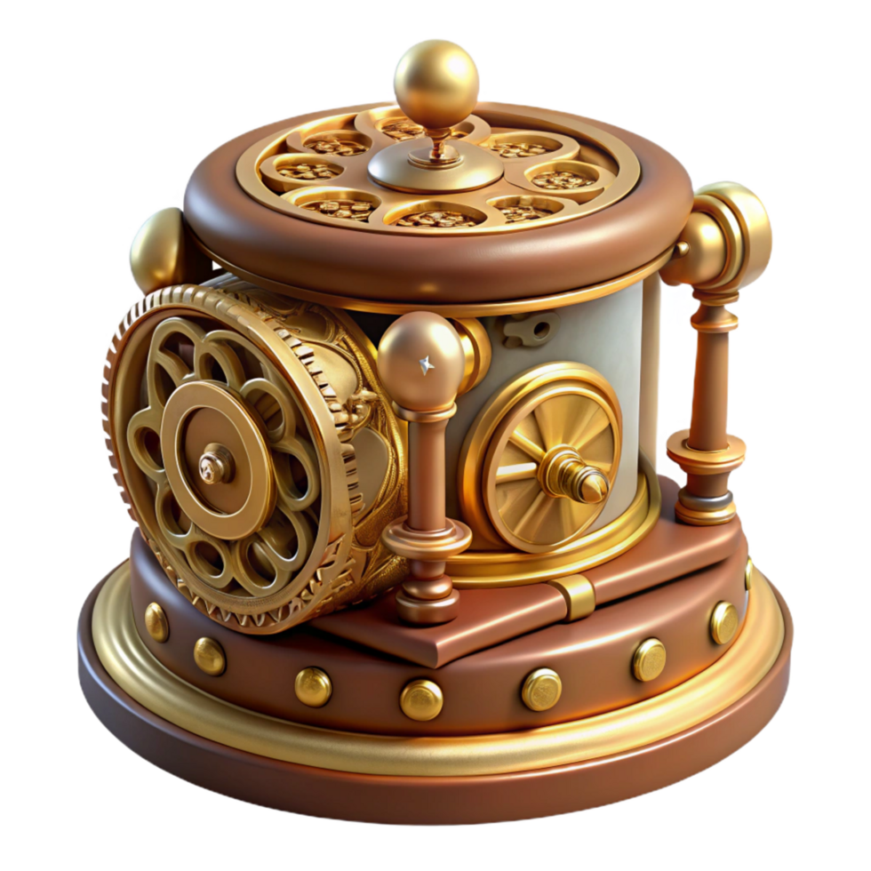exemplary contemporary Steampunk music box with intricate carvings and a rotating cylinder. NO BACKGROUND with Transparent Background. exclusive png