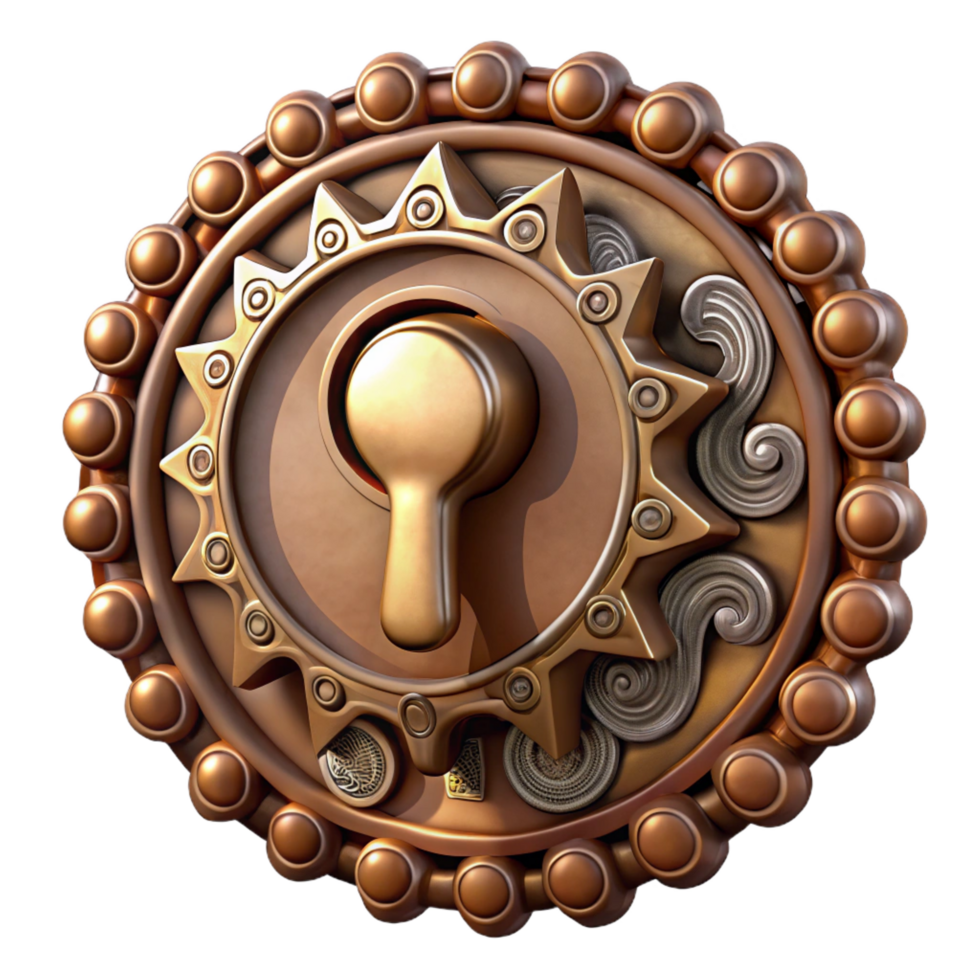immaculate timeless Steampunk keyhole with intricate carvings and a hidden mechanism. NO BACKGROUND with Transparent Background. png