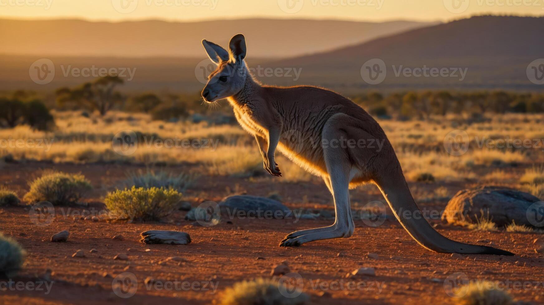 A kangaroo hops through a sunlit Australian landscape at dusk. photo