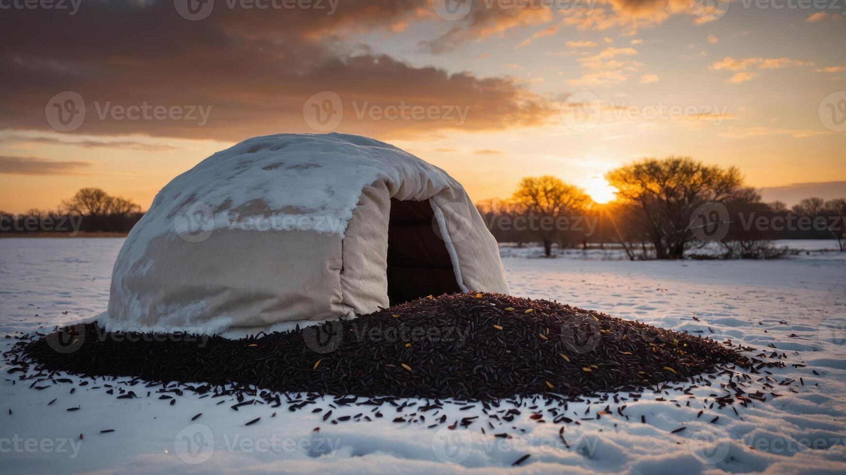 A snow-covered structure in a field at sunset, surrounded by dark material. photo