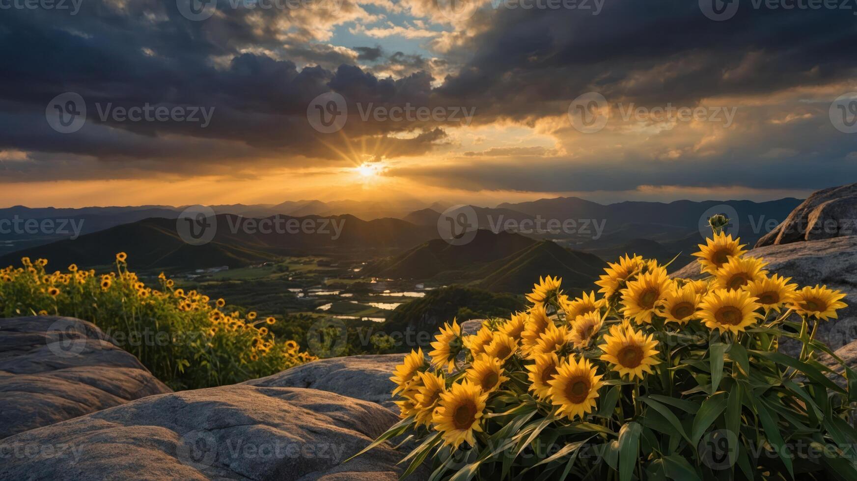 A scenic sunset view over mountains with vibrant sunflowers in the foreground. photo
