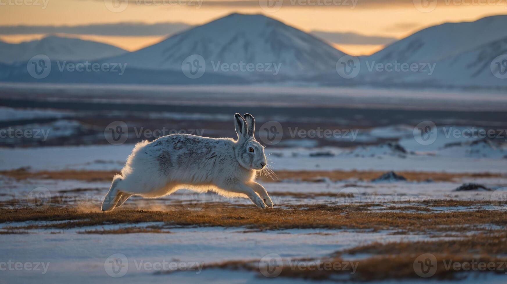 A snow-covered landscape with a hare leaping in the foreground during sunset. photo