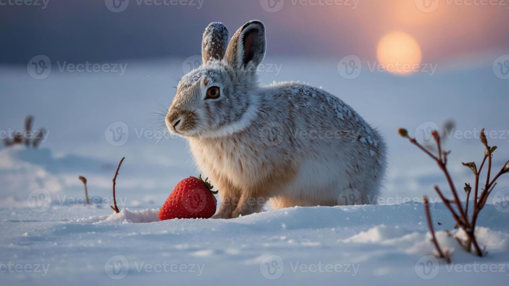 A snow-covered rabbit beside a large strawberry in a serene winter landscape. photo