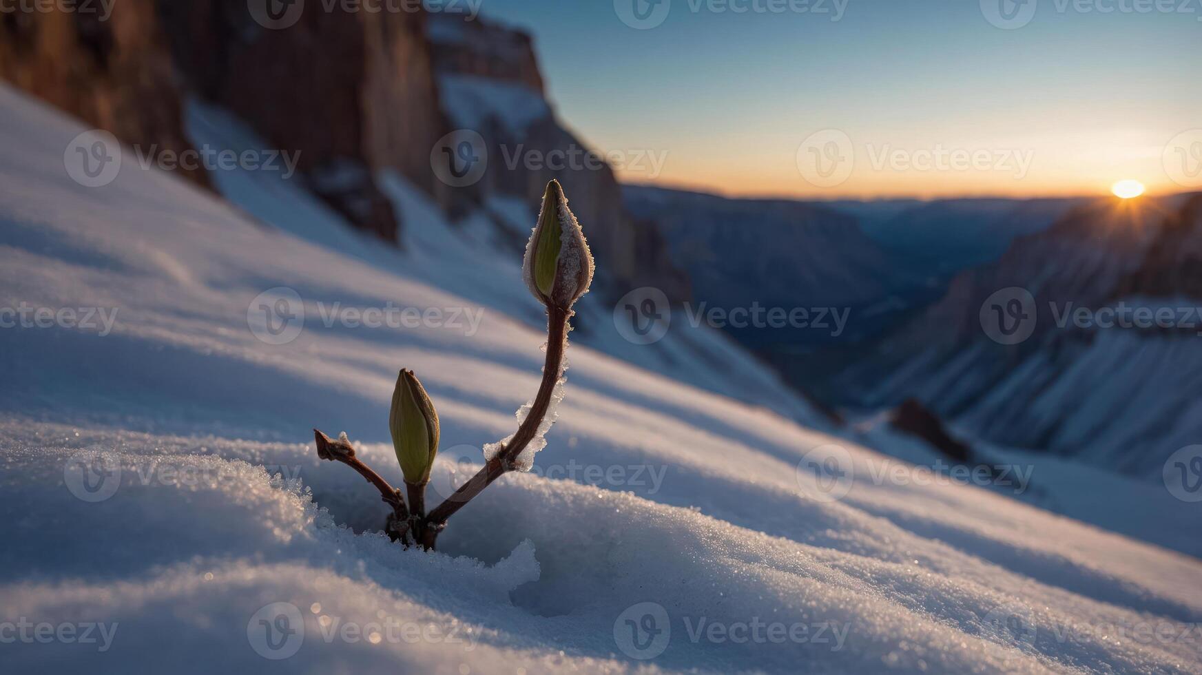 A budding plant emerges from snow, symbolizing resilience in a harsh environment. photo