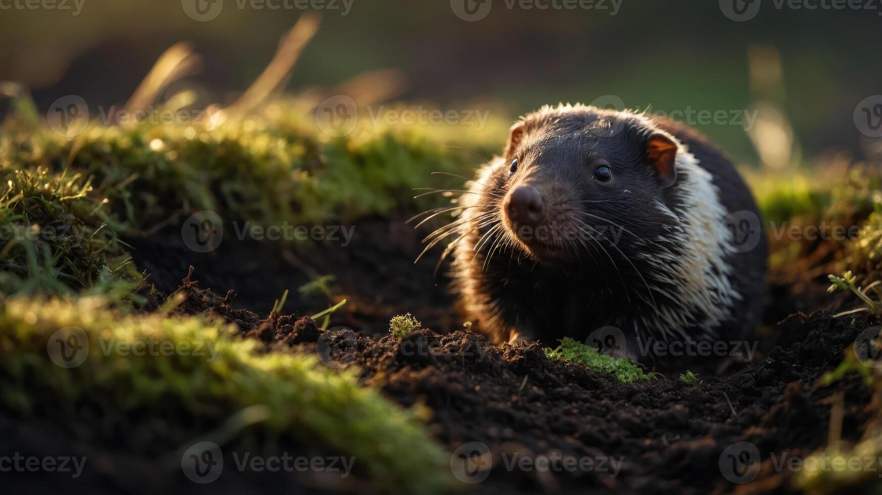 A close-up of a small animal with dark fur and a white stripe, surrounded by earthy terrain. photo
