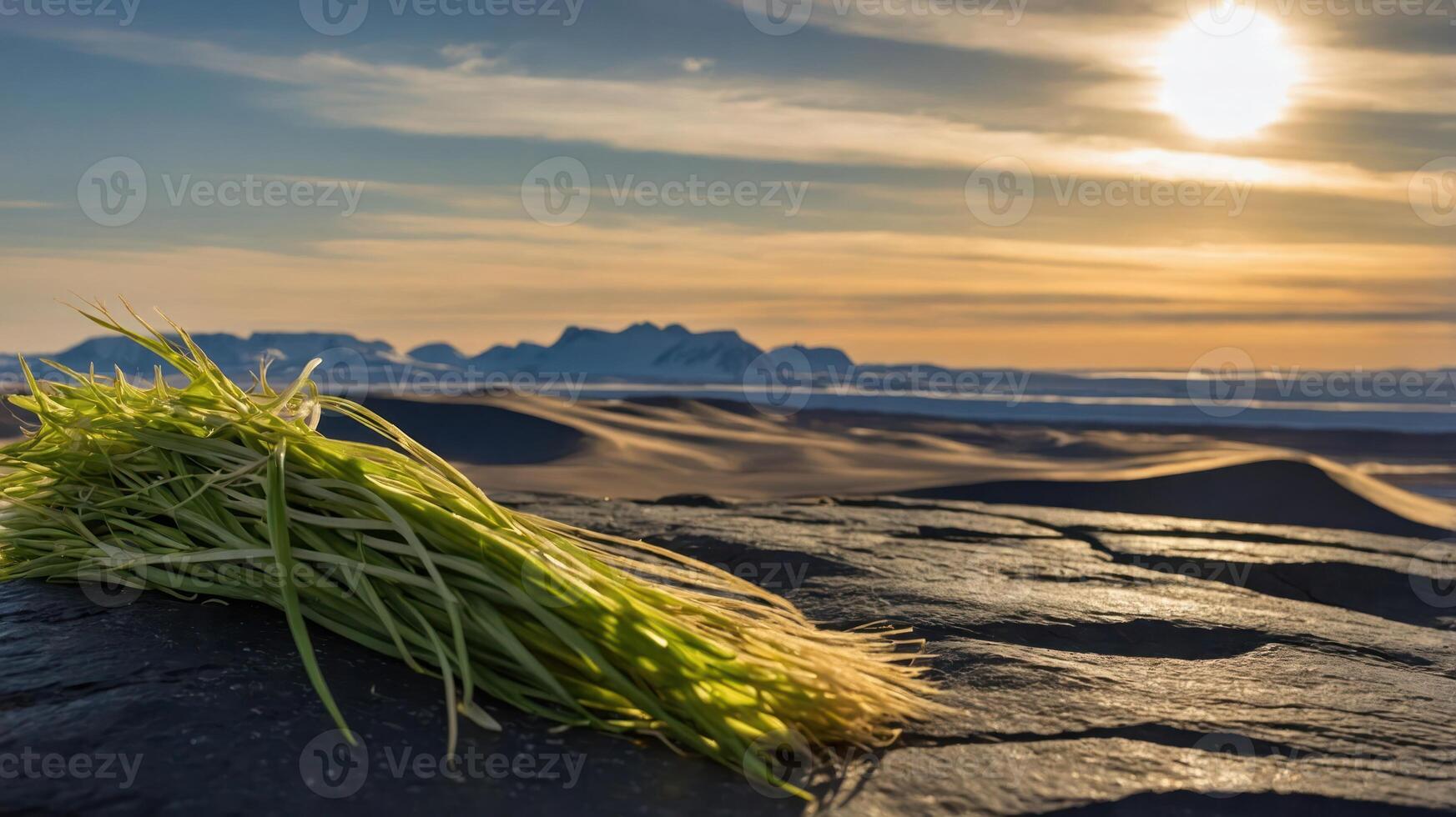 A bundle of grass resting on a rock with a sunset over a distant icy landscape. photo