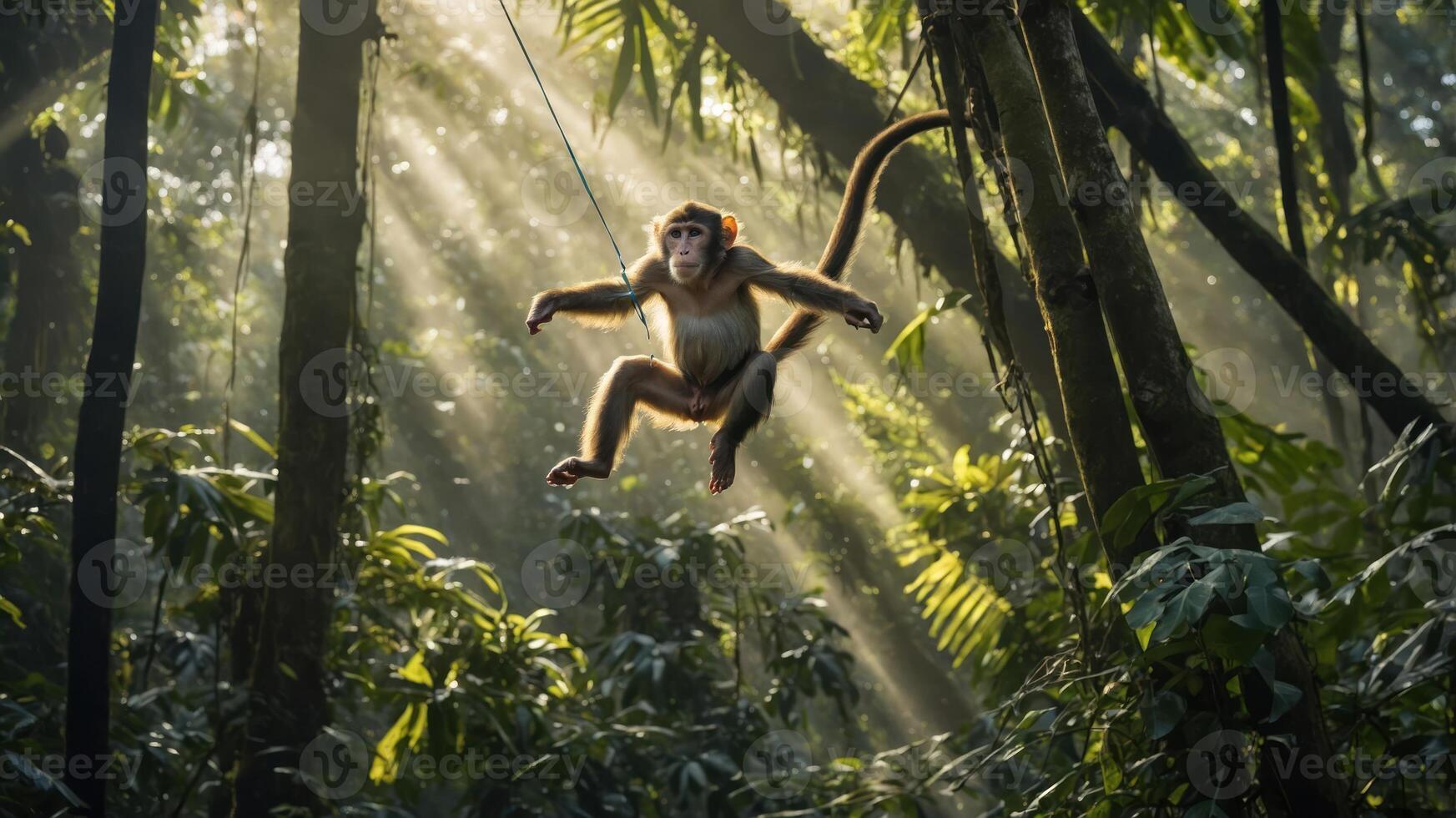 A monkey swings through a lush rainforest, illuminated by beams of sunlight. photo